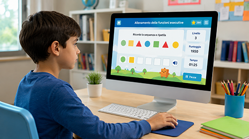 Bambino che utilizza un software educativo per il potenziamento cognitivo